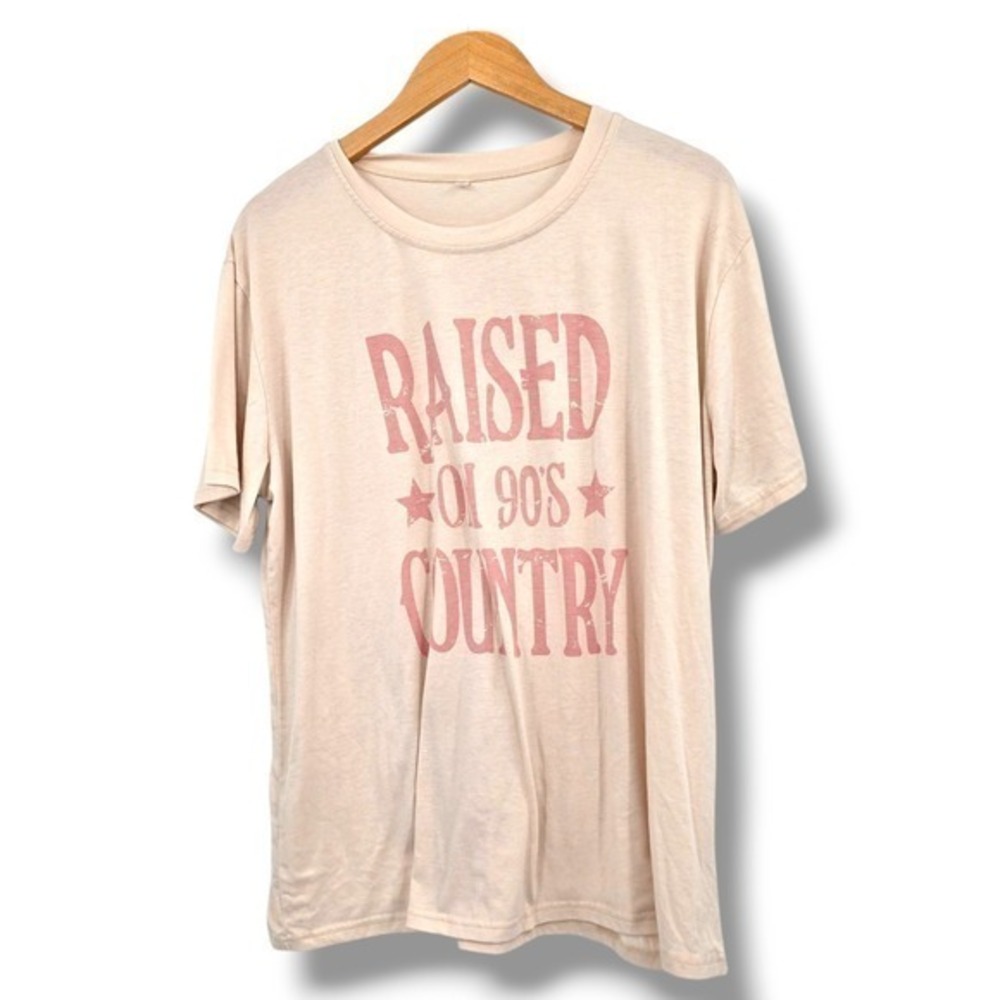 Womens 2XL Raised On 90s‎ Country Graphic T-Shirt Short Sleeve Beige Top